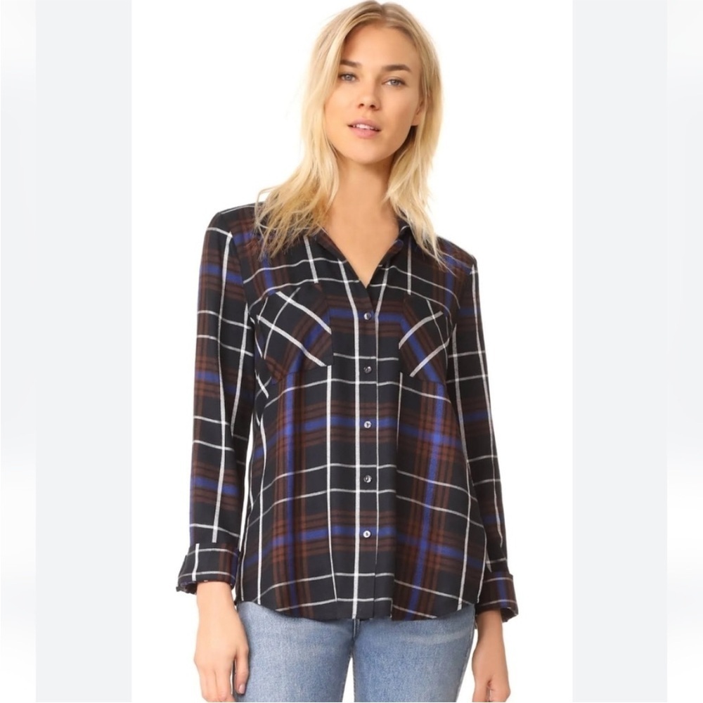 L’AGENCE Flannel Plaid Shirt Contrast Black Silk Back, Blue and Brown - Size XS